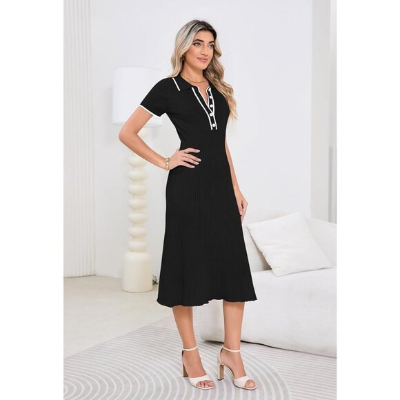 Pink Queen V Neck Short Women's Black Ribbed Swing Knit Midi Dresses - Picture 2 of 5